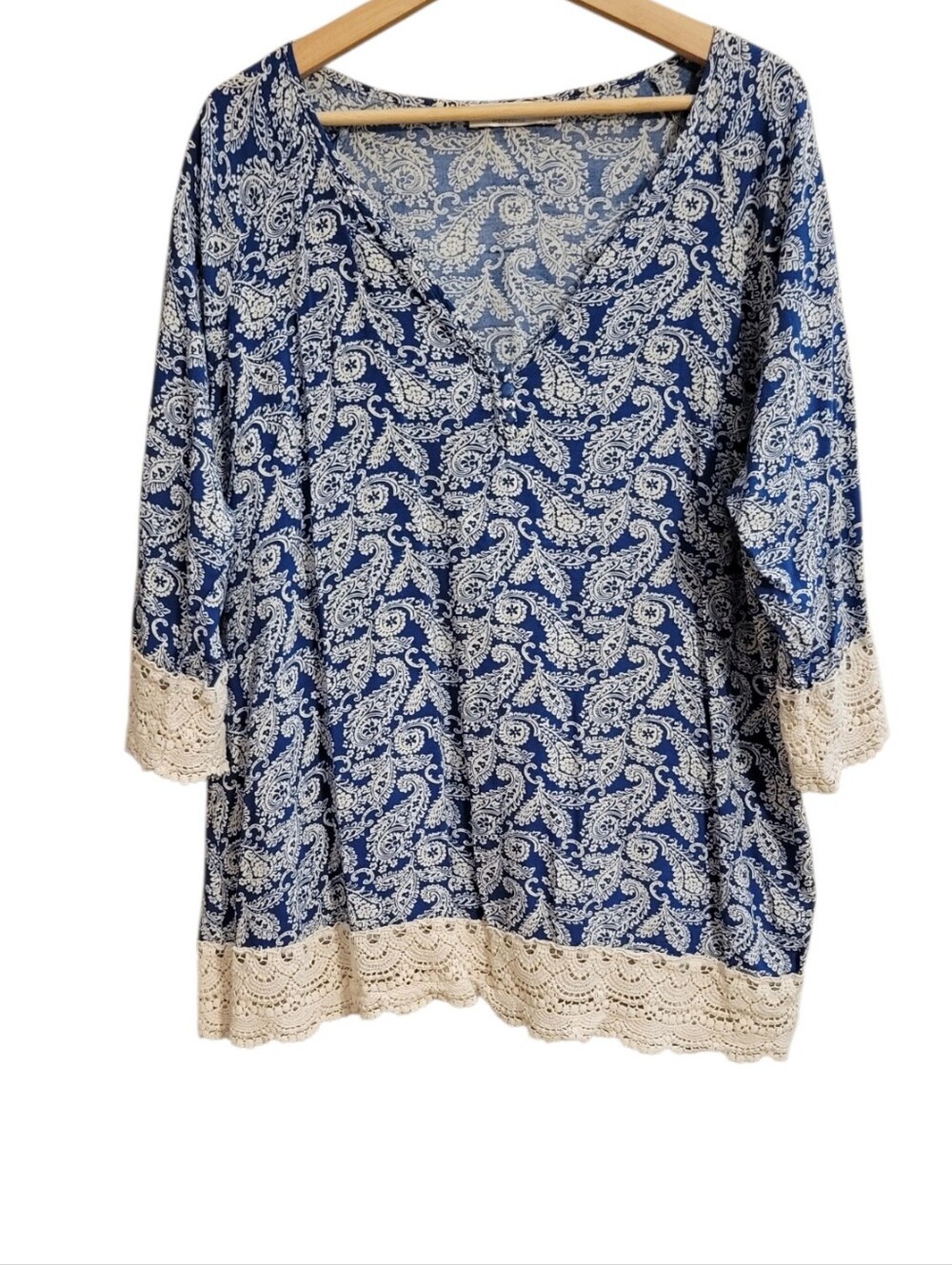 Solitaire Blue Paisley Crochet Trim Blouse